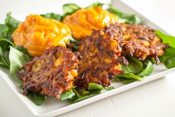 Fototapeta premium Crispy Calabaza Fritters in Vibrant Mango Sauce