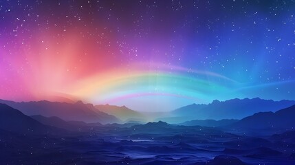 Captivating Cosmic Scenery Ethereal Neon Rainbow Gradient and Starry Sky Over Imaginary Alien Landscapes