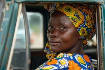 Closeup of an african woman's face with a vibrant headscarf, gazing warmly with a soft smile