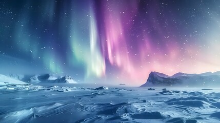 Naklejka premium A vast icy plain in Iceland, under the spellbinding dance of the Aurora Borealis