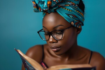 Pensive african woman with stylish headwrap and glasses deeply engrossed in reading a book