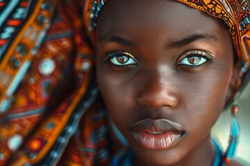 Closeup of an african woman's face with vibrant headwear and captivating eyes