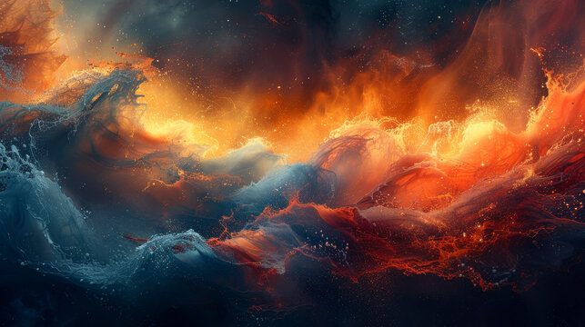 A dynamic blend of fiery orange and cool blue waves collide, capturing the essence of both fire and water in a vivid, swirling dance of energy and color.