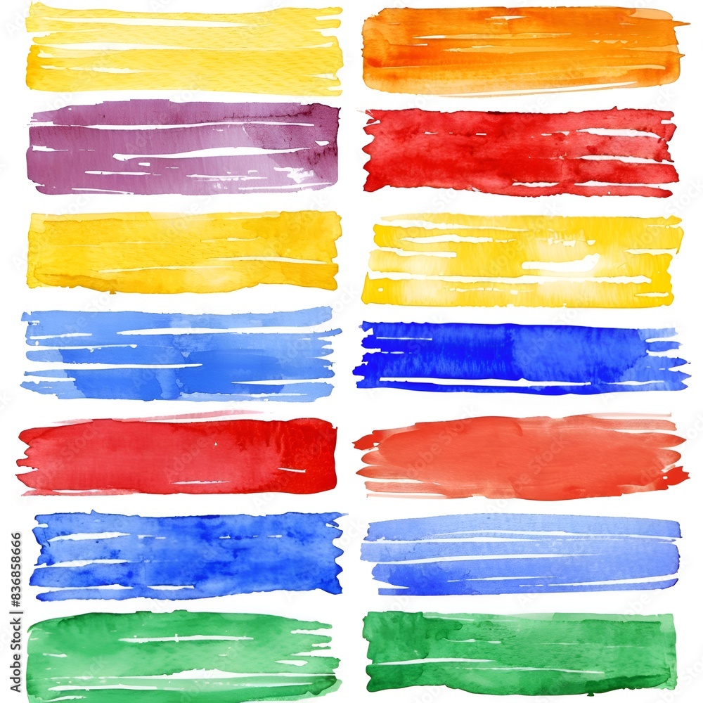 Poster a set of colorful squares with a watercolor brush stroke. the squares are in various colors and size