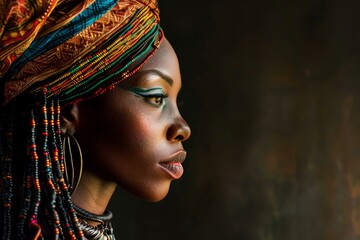 Side profile of a young woman adorned in a vibrant headwrap and jewelry