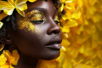 Closeup of a tranquil woman with artistic makeup surrounded by vibrant yellow flowers