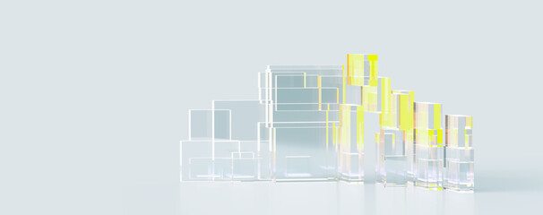 A glass, transparent, abstract cube. Yellow, blue light. 3d rendering on the theme of design, minimalism, business, work, architecture and technology. The style of minimalism. Grey background.