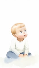 A cute baby boy with blonde hair and blue eyes sits on a white background, looking up with a curious expression.