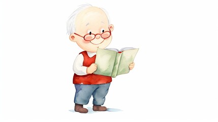 A cheerful elderly man with glasses reads a book. Watercolor illustration of a grandfather enjoying his hobby.