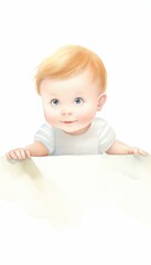 Cute baby boy with blonde hair peeking over white surface.  Perfect for baby announcements, greeting cards, or children's products.