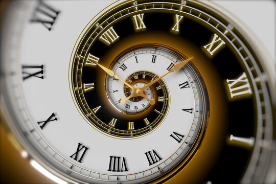 Abstract modern white spiral clock dial with roman and arabic numerals. Concept of Infinite time, deadline, scheduling, time and space, past, present and future.