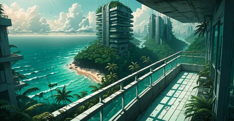 futuristic tropical city buildings balcony view from skyscraper over ocean seashore water sunset night. overgrown exterior terrace over the sea under sun and clouds. wallpaper background.