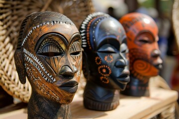 Collection of intricately carved and painted african masks showcasing traditional tribal designs