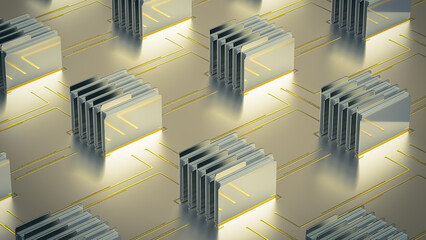 The folder pattern of the computer's operating system and the boar. The color is gold, silver. 3d rendering on the topic of business, work, PC, applications, development, code, files. Gold background.