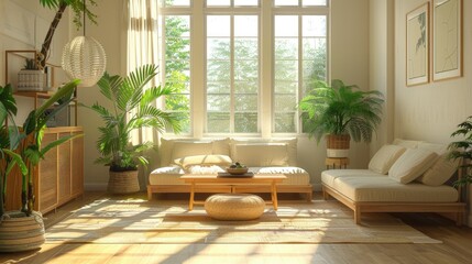 Fototapeta premium Light-filled Japandi living room, wooden furniture, indoor plants, soft carpet on wooden floor, warm and serene atmosphere
