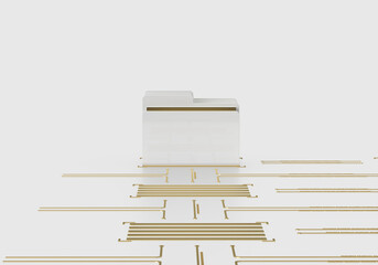 The folder pattern of the computer's operating system and the boar. The color is gold, silver. 3d rendering on the topic of business, work, PC, applications, development, code, files. Grey background.