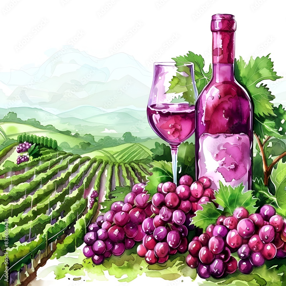 Poster a bottle of wine and a wine glass are on a table in front of a vineyard. concept of relaxation and e