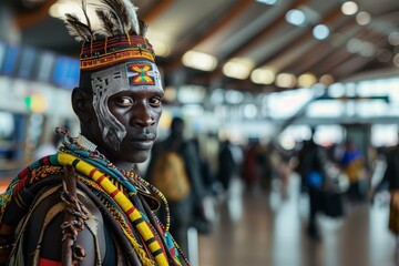 Man adorned with african tribal makeup and attire in a busy urban environment