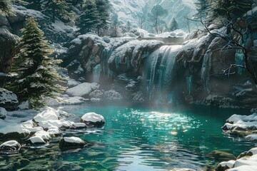 a large pool of water surrounded by snow covered rocks and trees in the middle of a rocky area with a waterfall in the middle of the pool - Powered by Adobe