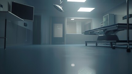 Foggy view of operating room flooring, close-up, no humans, dim evening lighting 