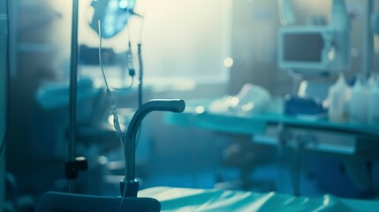 Close-up of a scrub station in operating room, foggy, no humans, soft focus, early morning light 