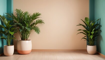 Interior background of room with wooden paneling and beige stucco wall with copy space, pot with grass 3d rendering