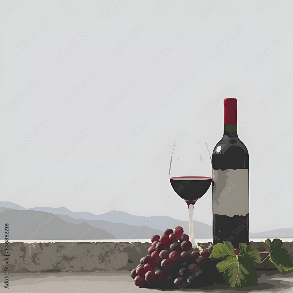 Poster a bottle of wine and a glass of wine are on a ledge. the grapes are on the ledge as well. the image 
