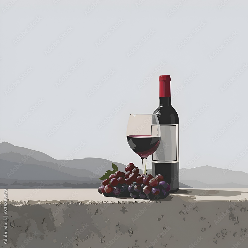 Poster a bottle of wine and a glass of wine are on a ledge. the grapes are on the ledge as well. the image 