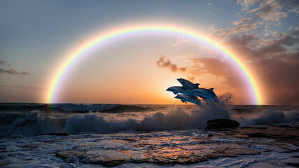 Group of dolphins jumping on the water at sunset, amazing rainbow in the background - Beautiful...