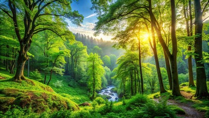 A serene forest landscape with lush green trees and vibrant foliage