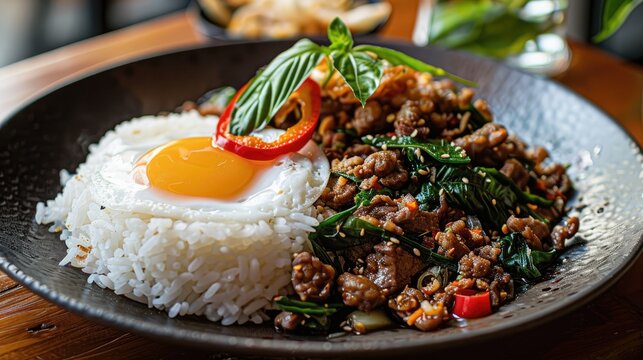 Pad Krapow Moo Krob with steam rice, Holy Basil, crispy pork, and a fried egg, macro digital photography, beautifully plated