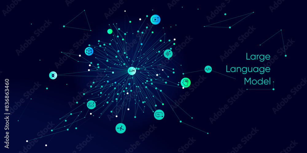Poster illustration of abstract stream information with cyan line and dot. big data, technology, ai, data t