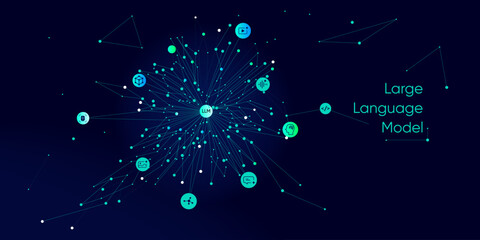 Obraz premium Illustration of abstract stream information with cyan line and dot. Big data, technology, AI, data transfer, data flow, large language model, generative ai