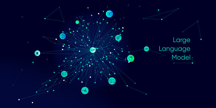 Illustration of abstract stream information with cyan line and dot. Big data, technology, AI, data transfer, data flow, large language model, generative ai