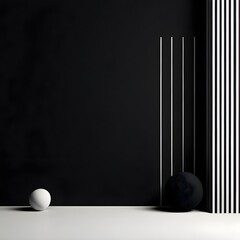 Sleek Black Luxury Product Display: Realistic 3D Illustration of White Ball, Podium, and Vase. Abstract Architectural Podium with Sophisticated Black Background for a Modern Showcase.
