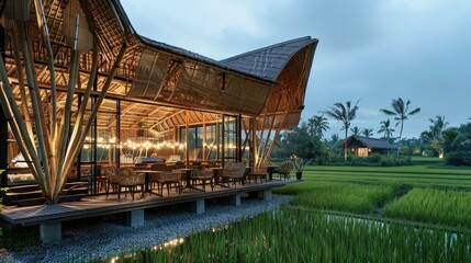 Obraz premium Popular bamboo in the heart of Southeast Asia's rice fields, offering unique dining with sustainable energy and rooftop views