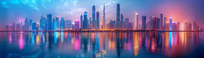 Fototapeta premium Neonlit future city, ethereal skyline reflected in tranquil waters, modern marvel of urban planning and design