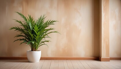 Interior background of room with wooden paneling and beige stucco wall with copy space, pot with grass 3d rendering