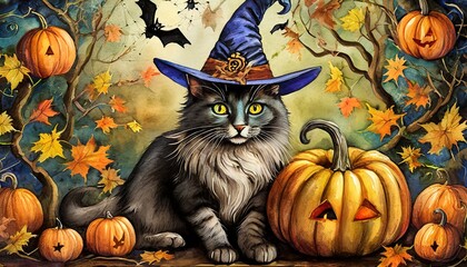 halloween cat with pumpkin
