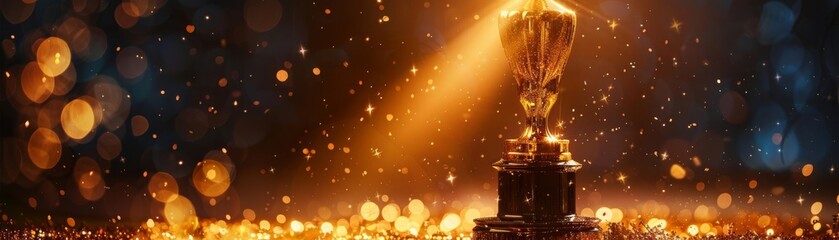 Award ceremonys highlight, single trophy basking in a spotlight with shimmering particles around, cinematic and inspiring