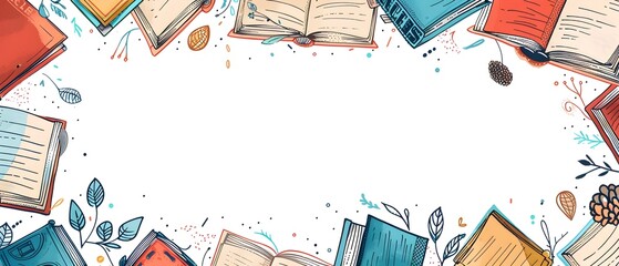 Doodle Border Print Design with Blank Space for World Book Day Background description This image depicts a whimsical doodle style border design