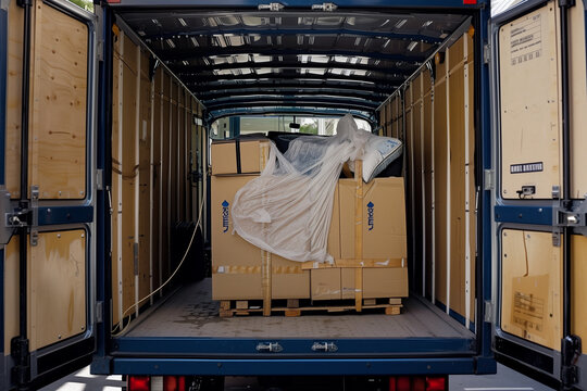 A truck is full of boxes and a white sheet. The truck is open and the boxes are stacked on top of each other