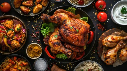 Tempting golden fried chicken surrounded by vibrant side dishes on a table, black background with...