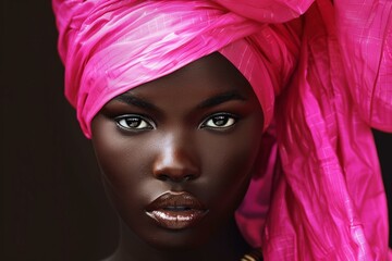 Closeup of a striking woman with dark skin wearing a bright pink headscarf