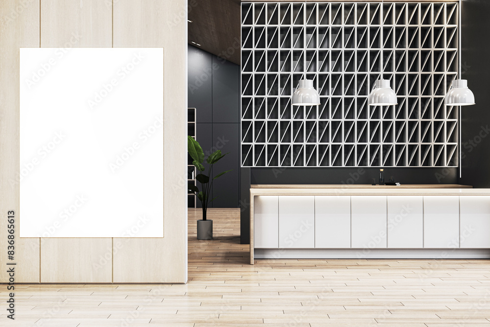 Aufkleber A blank canvas frame template within an interior setting featuring a counter and geometric wall pattern, on a wooden floor background, concept of display. 3D Rendering