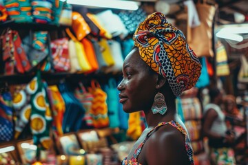 Young woman in a colorful headwrap explores a lively local market