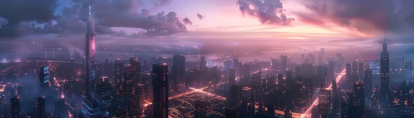 Fototapeta premium Dawn breaks over a hightech city, streets like circuits lit with soft glows, majestic view of urban awakening, tranquil yet alive