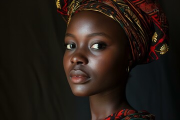 Elegant african woman with headscarf poses against a dark background, showcasing cultural beauty