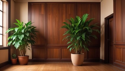 Interior background of room with wooden paneling and beige stucco wall with copy space, pot with grass 3d rendering