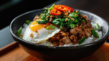 Yummy Pad Krapow Moo Krob with steam rice, crispy pork, Holy Basil, and a fried egg on top, macro shot